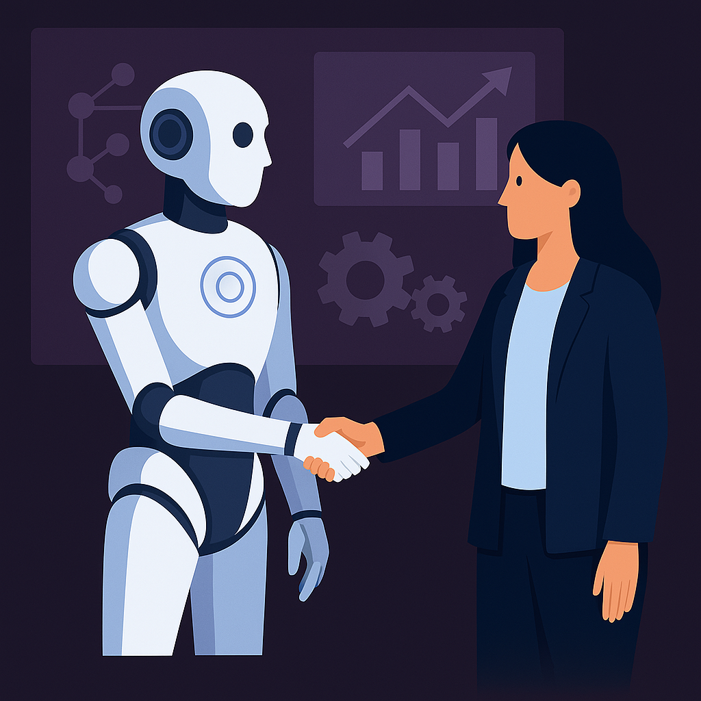 Roboter schüttelt Geschäftsfrau die Hand – symbolisiert KI-Kooperation